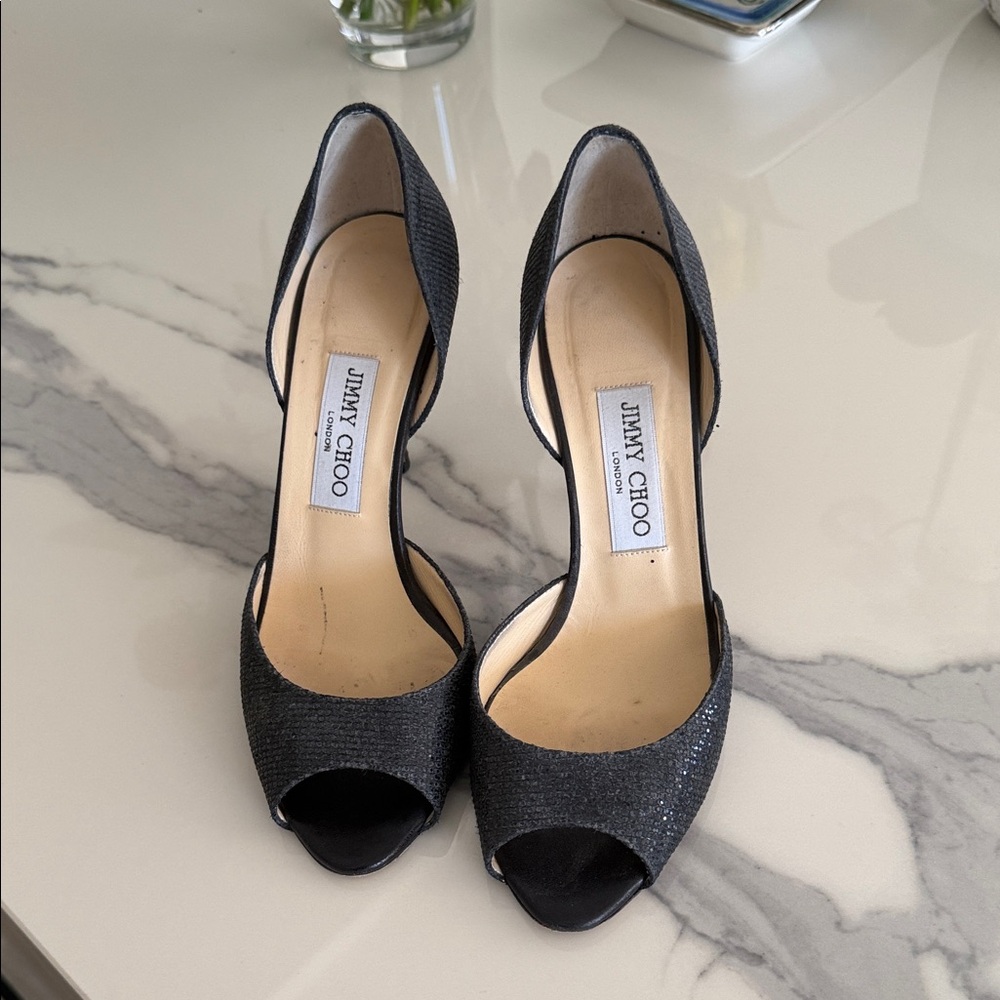 Jimmy Choo Glittering Black Peep Toe Heels